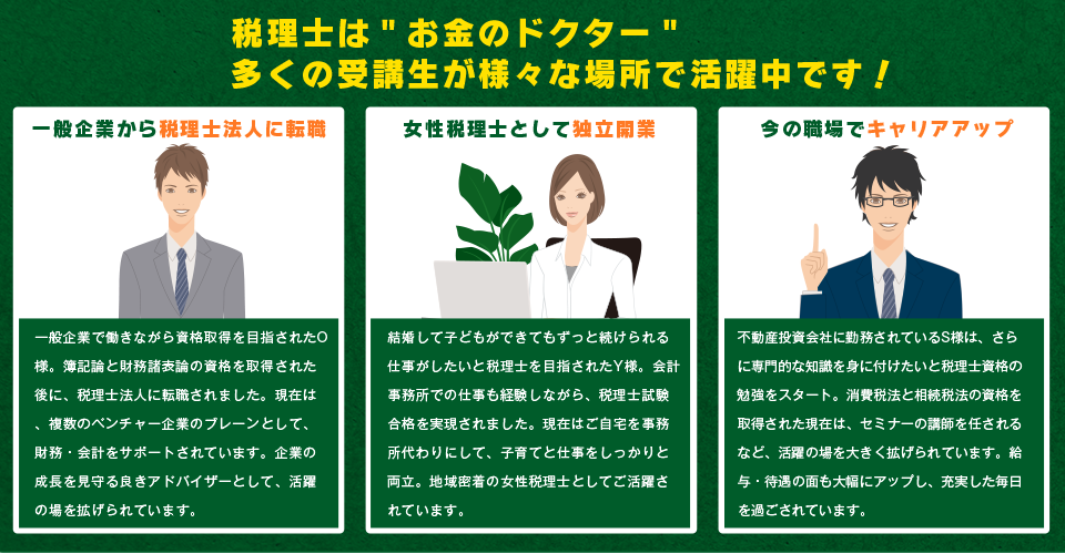 税理士は”お金のドクター”多くの受講生っが様々な場所で活躍中です！